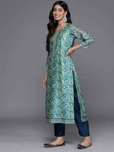 Image of Varanga Women Floral Printed Kurta Pant Set with Dupatta | Silk Blend Fabric | Summer Wear | 3 /4 Sleeve Round Neck | Lightweight & Comfortable Daily Wear