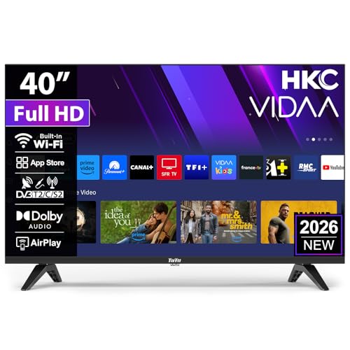 HKC Smart TV 40 Pouces (100 cm) FHD, sans Bord Connectée Télévision avec WiFi, Bluetooth, App Store, Triple Tuner(DVB-T/T2, DVB-C, DVB-S/S2), AirPlay...