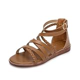 YEOJOU Women's Gladiator Sandals Strappy Braided Flat Sandals with Back Zipper, Comfortable Open Toe Ankle Strap Dressy Summer Shoes for Beach, Vacation Tan Size 9