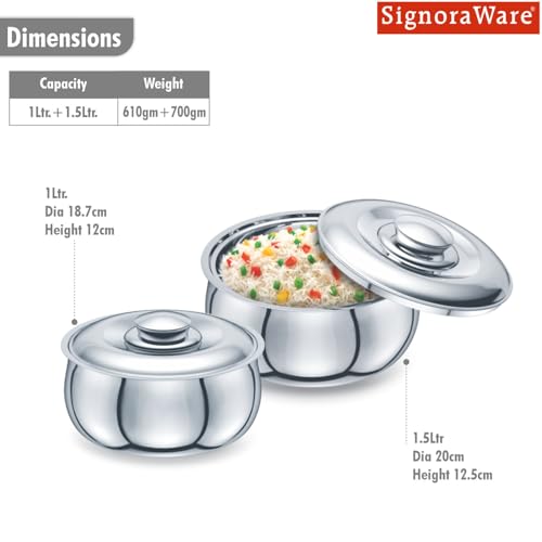 Image of Signoraware Hot Delight Stainless Steel Casseroles| Insulated Food Warmers| Easy to Clean| Retain Freshness For Hours| Odor-Free| Perfect for Gifting (1Ltr & 1.5Ltr| Set of 2| Steel)