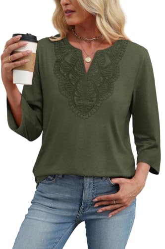 Image of WIHOLL 3 /4 Length Sleeve Womens Tops Boho V Neck Lace Shirt Trendy Blouses Dressy Casual Vacation Clothes S-3XL
