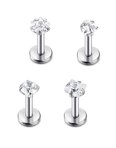 FIBO STEEL 316L Stainless Steel 4Pcs 16G 3mm CZ Inlaid Lip Rings Labret Monroe Nose Studs Helix Earring Piercing, 6mm Bar Length 4 Shapes