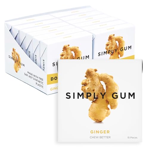 SIMPLY Gum Ginger, Plastic-Free Natural Chewing Gum, Made with real Ginger, 12 Pack (180 Pieces) | Vegan, Kosher, Non GMO, Aspartame Free and Sorbitol Free