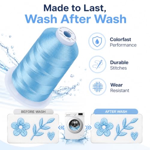 Image of Simthread 5500Yds /5000M 40WT Polyester Embroidery Thread Med Lt Blue S063 | High-yardage 5000M spool offers smooth feeding and stable 40WT polyester thread for home and commercial embroidery machines.