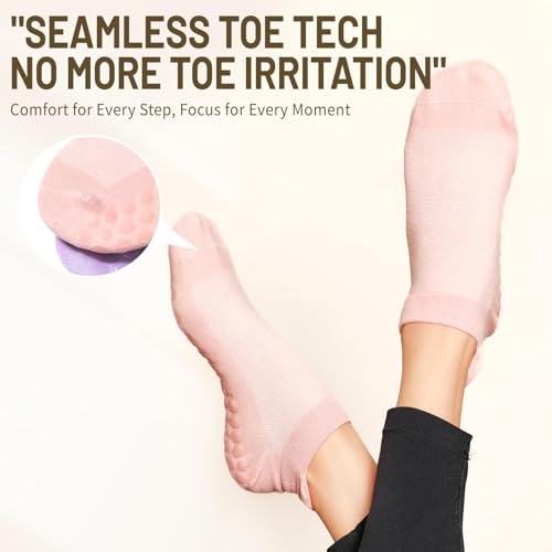 Image of Non-Slip Pilates Yoga Socks for Women Cotton Crew Striped Bow Embroidery for Barre Ballet Dance Workout