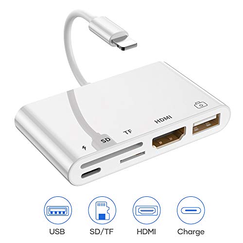 HOPLAZA Adaptateur Phone vers HDMI, 5 en 1 Lecteur de Carte SD/TF USB Adaptateur OTG Femelle 1080P HDTV Digital AV Adaptateur Compatible with Phone 11 / XS/X / 8/7 / 6 / Pad TV Monitor Projector