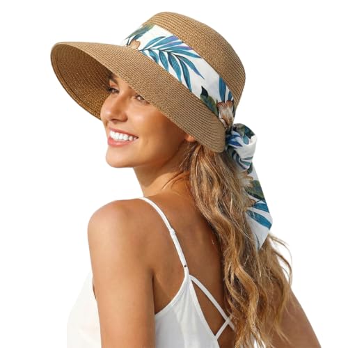 Image of PALAY Straw Hat Sun Hats for Women, Wide Brim Beach Hat for Women Summer with Printed Ribbon, Fashion UV Protection Visor Cap, Packable Travel Hat for Ladies Gift