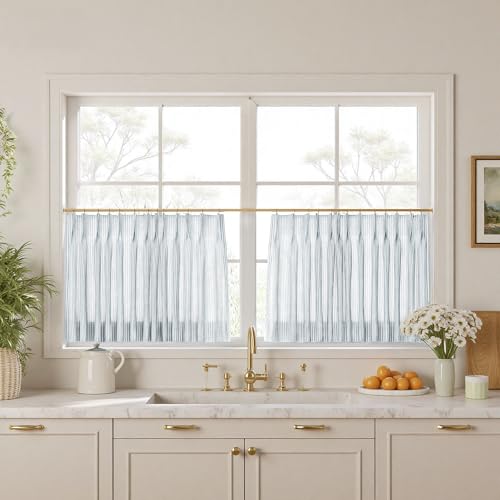Image of TWOPAGES Pinch Pleat Cafe Curtains 36 Inch Long Ticking Stripe Light Filtering Farmhouse Half Window Curtains for Small Window (Light Blue Pinstripe, 26W x 36L Inches, Set of 2)
