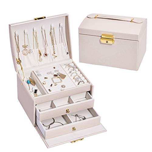 Schmuckkästchen, Organizer für Reise, PU-Leder, Schmuckkästchen für Ringe, Ohrringe, Halsketten, Armbänder, Kunstleder, Geschenk-Box, für Mädchen und Damen, Weiß Cover