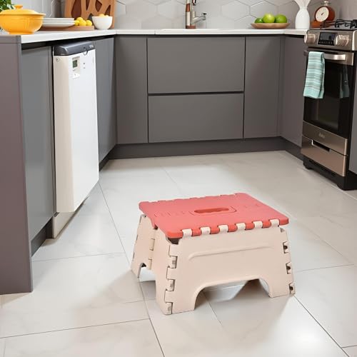 Image of U-MAX 7 Inch Folding Stool - Compact, Portable Step Stool for Kids & Adults, Lightweight Plastic Design, Slip-Resistant, Ideal for Kitchen, Bathroom, Camping & Travel (Red / 7 inch)