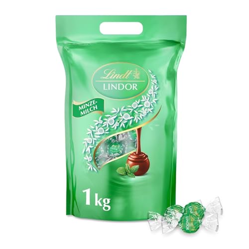 Lindt LINDOR, Minze Milch Schokolade Kugeln Beutel, 1kg Beutel wiederverschließbar, ca. 80 Kugeln, Großpackung, Pralinen-Geschenk, Schokoladengeschenk