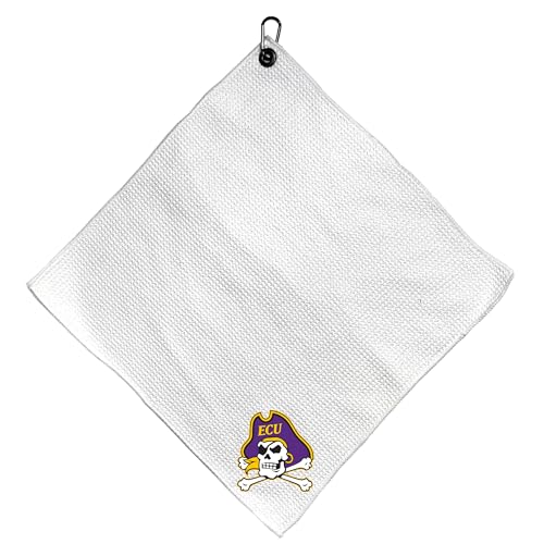 Team Golf NCAA East Carolina Microfiber Towel - 15" X 15" (White) with Carabiner Clip, Premium Microfiber with Deep Waffle Pockets - Superior Water Absorption and Quick Dry Golf Cleaning Towel