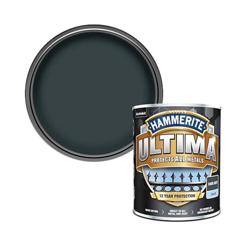 Image of Hammerite Ultima Smooth Metal Paint, Weatherproof, Rust Protection, Quick Drying, Long Lasting, Smooth Finish, Ideal for Gates, Railings, Doors, Windows & Grills, 750ml (Dark Grey, Pack of 1 Tin)