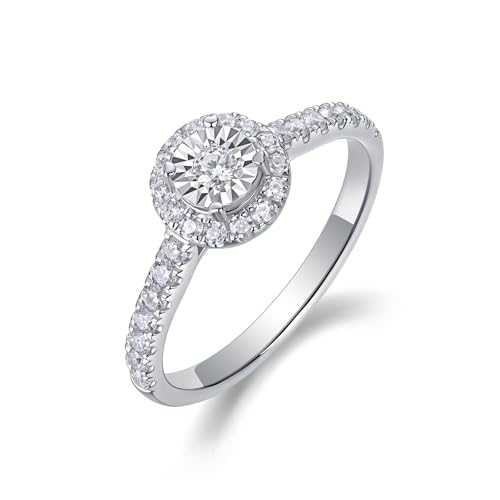 Sterling Silver Halo Lab Grown Diamond Engagement Ring, Pave Band