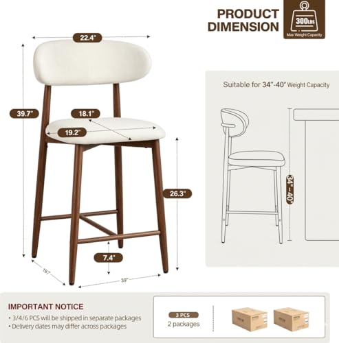 Image of AQO Counter Height Bar Stools Set of 3, Upholstered Counter Stools Modern Barstools with Metal Legs for Kitchen Island Dining Room, Walnut