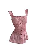 SweatyRocks Women's Gingham Smocked Peplum Tank Top Summer Square Neck Shirred Ruffle Shirt Red Small