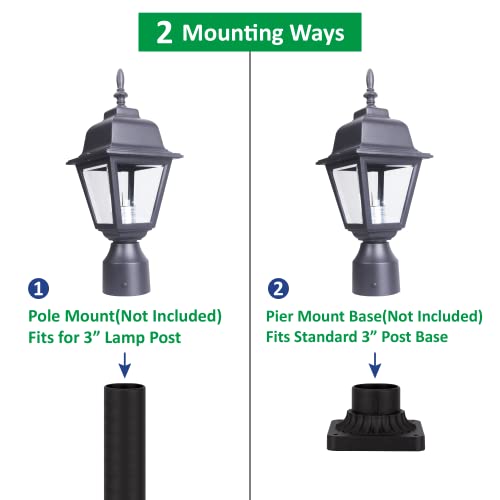 Lit-Path Outdoor Post Light Pole Lantern Fixture With One E26 Base Max 60W, Aluminum Housing Plus Clear Glass, Matte Black Finish, 1-Pack #TOP3
