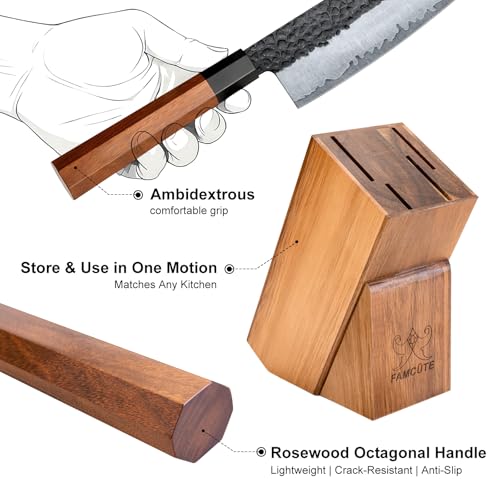 Image of FAMCUTE Japanese Knife Set with Block, Kitchen Knives Gift for Men & Women | Hand Forged 5-Layer 9CR18MOV Clad Steel Chef Knives with Rosewood Handles, Includes Chef, Santoku, Nakiri and Paring Knife