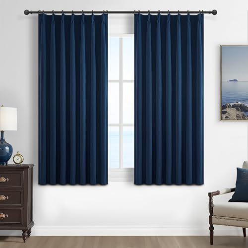 Image of Navy Blue Small Blackout Curtains 54 Inches Length for Kids /Boys Rooms /Bedroom, Pinch Pleated Drapes with Hooks Viral Linen Thermal Coastal Short Curtain Dark Blue Window Burg (40 inchWx54 inchLx 2 Panels)
