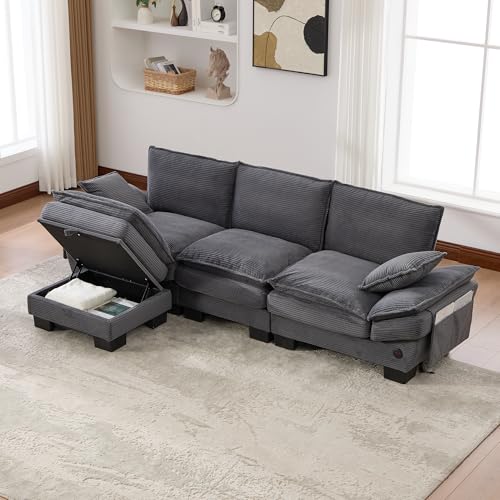 MODENVIE Sofá modular de 3 plazas con 1 taburete, asiento ancho ergonómico, sofá de salón con conexión -C, sofá de salón con bolsillos laterales, sala de estar, color gris oscuro