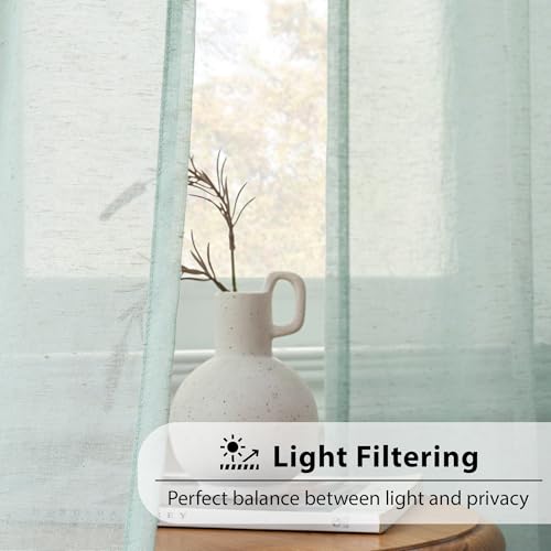 Image of FMFUNCTEX Linen Sheer Curtains for Bedroom, Sage Green Curtains 84 inches Long for Living Room, Farmhouse French Flax Blend Window Draperies, Rod Pocket 2 Panels Set