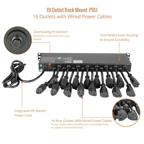 Image of Tecmojo 1U Rack Mount 19 Outlet PDU Power Distribution Unit Circuit Breaker fits 19-inch AV /Network /Server Cabinet /Closet /Enclosure