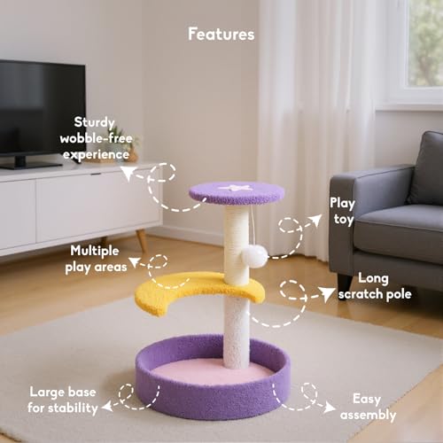 Image of Astra 3-Level Cat Tree for Indoor Cats & Kittens | Cute Star Cat Scratching Post Tower with Pom-Pom Toy, Perch & Cozy Base | Aesthetic Cat Furniture for Indian Homes