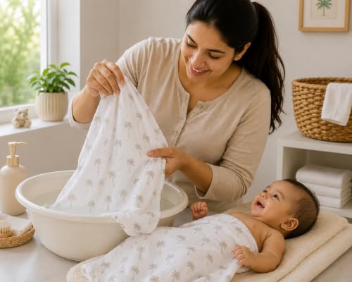 Image of 100% Cotton Muslin Baby Swaddle & Bath Towel, 120 x 120 cm (47 x 47 Inches), Soft & Breathable Newborn Baby Swaddle Wrap, Lightweight Cotton Baby Blanket, 0-18 Months, Coconut + Black Plus, Set of 2