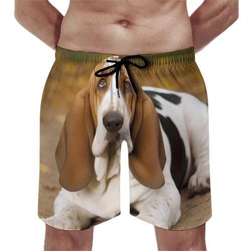 Basset Hound Mens Swim Trunks Quick Dry Hawaii Bathing Suit Board Shorts with Mesh Lining-