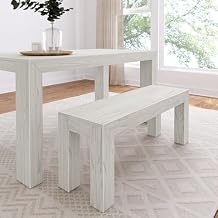 Plank+Beam 49 Inch Dining Bench for Dining Room, Bench for 60 Inch Table Kitchen Dining Seat, Wooden Outdoor Bench, Solid Wood Entryway Bench, White Sand Wirebrush