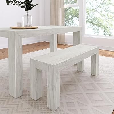 Plank+Beam 49 Inch Dining Bench for Dining Room, Bench for 60 Inch Table Kitchen Dining Seat, Wooden Outdoor Bench, Solid Wood Entryway Bench, White Sand Wirebrush