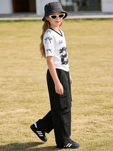 Image of Tween Girls Clothes Short Sleeve Graphic T-Shirt Top + Cargo Pants 2pcs Outfit Set, Size 7-15Years