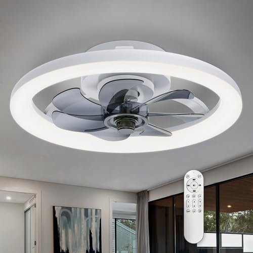 PAZALA 16 in Low Profile Ceiling Fan with Lights and Remote,White Modern Flush Mount Bladeless Round Small Ceiling Fans with 3 Color Dimmable LED Light, 6 Speed Reversible Fan for Bedroom