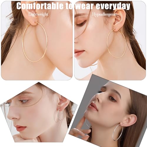 Silver Gold Hoop Earrings for Women,Thin 14K Gold Hoops Set with Hypoallergenic 925 Sterling Silver Post,Lightweight Big Hoops 30mm 40mm 50mm 60mm2
