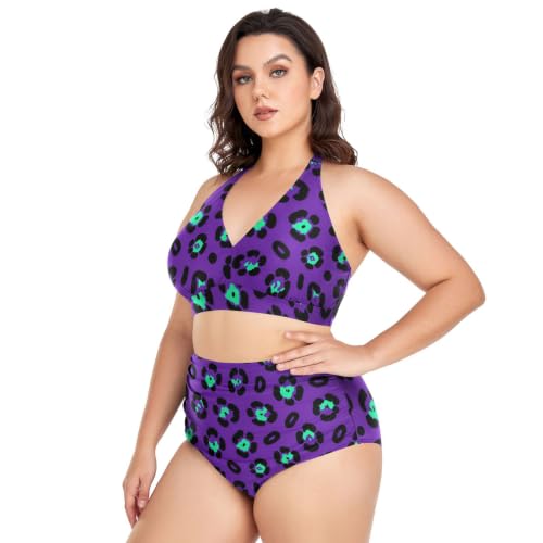 Bikini taille haute réglable violet anti-complexes à imprimé léopard dos nu - 2