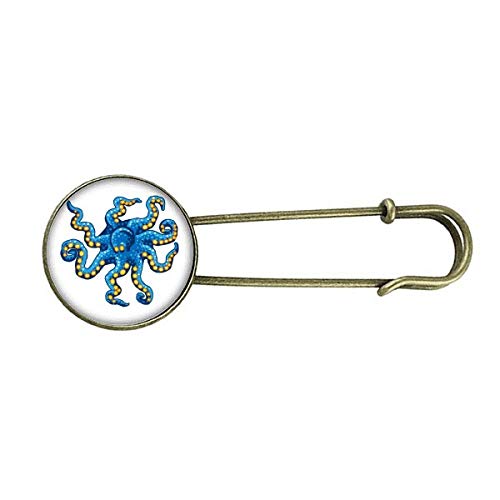 Broche de metal retrô com estampa de desenho de vida marinha polvo azul