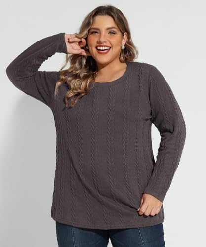 Image of CARCOS Womens Plus Size Tops Basic Fall Cable Knit Sweaters Long Sleeve Shirts Crewneck Lightweight Tunic Tops XL-5XL
