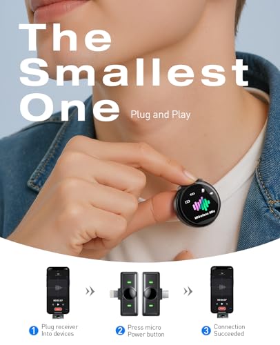 LID LIRDDY Wireless Lavalier Microphone for iPhone: 2PCS Mini Wireless Microphones for Android Equipment - Noise Reduction Lapel Mic for Professional Recording - 80h Battery Life - 48KHz Studio Sound - Image 3