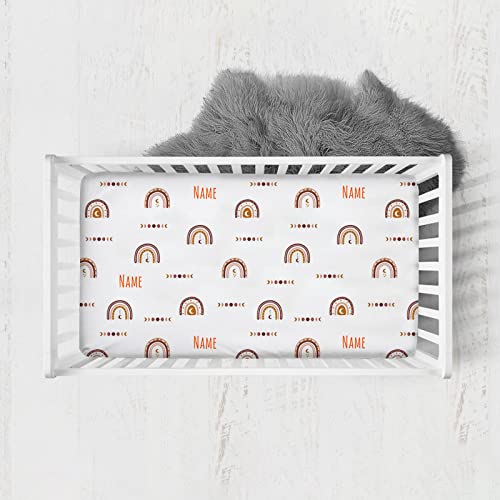 Noverbibi Boho Rainbow Crib Sheets - Personalized Baby Crib Sheet with Name, Custom Fitted Crib Sheet for Boys Girls Kids, Portable/Mini-Crib Sheet, Mini Crib Sheet | Name Crib Sheets