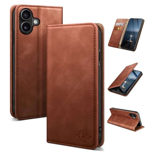 Housse en cuir de haute qualité pour iPhone 16 finition premium marron avec clapet magnétique