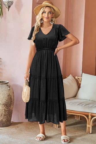 Image of VOTEPRETTY Women's 2026 Summer Boho Maxi Dresses Flutter Short Sleeve V Neck Casual Beach Wedding Guest Vacation Long Dress
