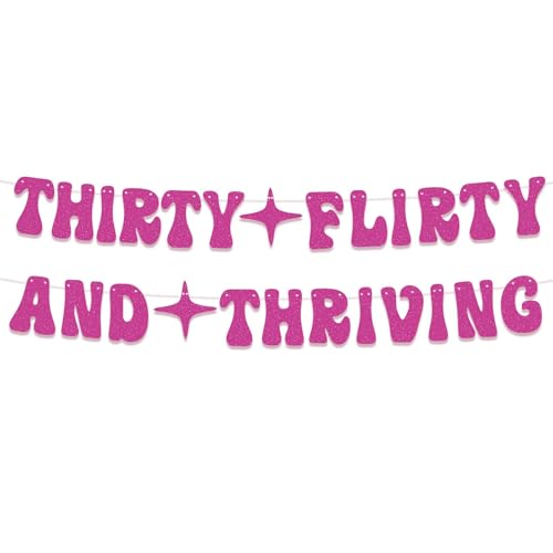 Vovii 30th Birthday Banner for Birthday Party Decorations Pre-Strung Hot Pink Glitter Thirty Flirty And Thriving Banner for 30th Bday Party Supplies Decor Gifts