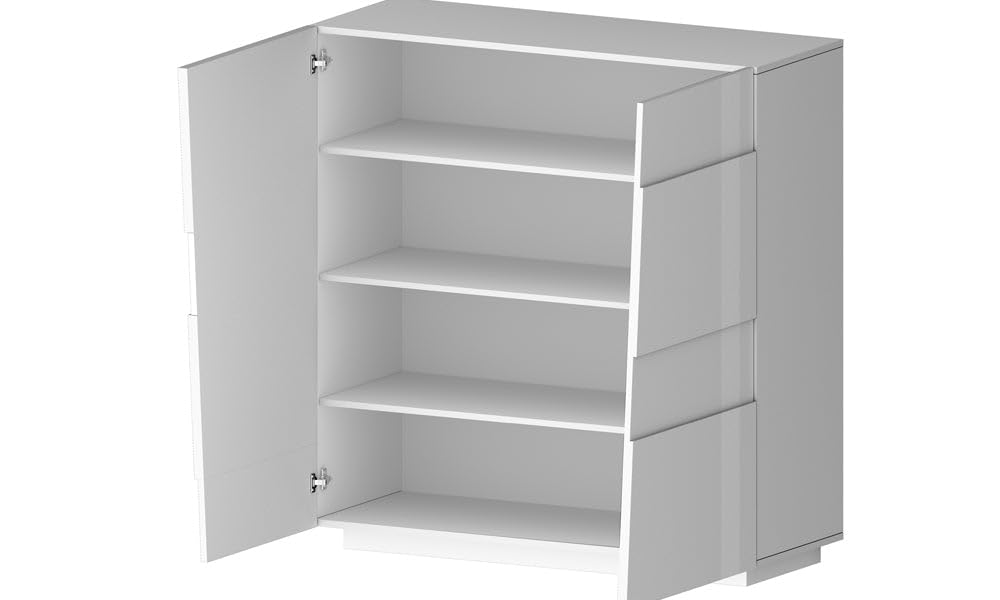 Generico Credenza, 4 ante e 3 ripiani, 120x44x126 cm, Bianco laccato lucido, Nobilitato laccato, Modello PONGO, Design Moderno Made in Italy