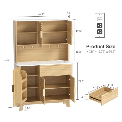 Image of Vabches 65 inch Kitchen Pantry Storage Cabinet, Fluted Kitchen Hutch Cabinet with 4 Charging Stations and Large Countertop, Open Shelves & Drawers for Dining Room, Living Room,Modern, Natural