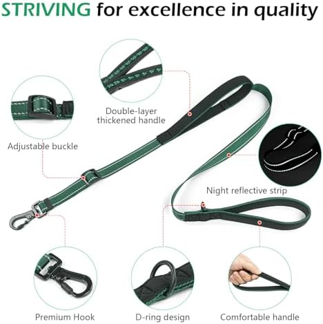 Tiffpaws Reflective Double Handle Dog Leash for Large Dogs, Heavy Duty Adjustable Leash with Soft Padded Handles, Traffic Control Training Lead for Walking, Running (Dark Green, L) - 2