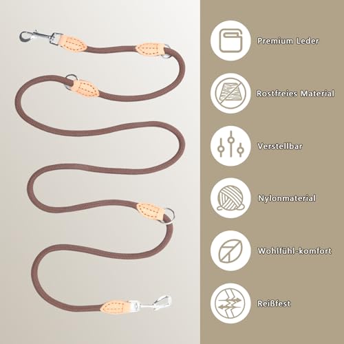Hundeleine für Mittelgroße & Große Hunde, Multifunktionsleine Führleine für Hunde 2.1m Verstellbare mit 2 Karabiner, Robuste Nylon Dog Leash, Schleppleine Doppelleine für 2hunde (Braun, 1cm x 2.1m)