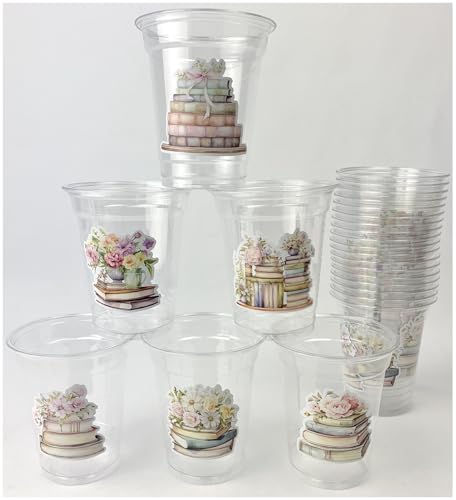 Book-Themed Party Cups, 12 oz Clear Plastic, 24 Count, Floral Book Stack Design