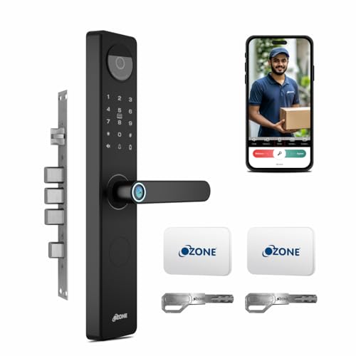 Image of Ozone Smart Door Lock with WiFi & HD Camera | Fingerprint, App, Password & RFID Access | 4-Way Unlock | Fits 35-110 mm Wooden & Metal Doors | Black