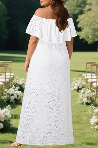 Image of Pinup Fashion Women Plus Size Summer Dresses - Off The Shoulder Wedding Guest Eyelet Casual Maxi Dress Pockets