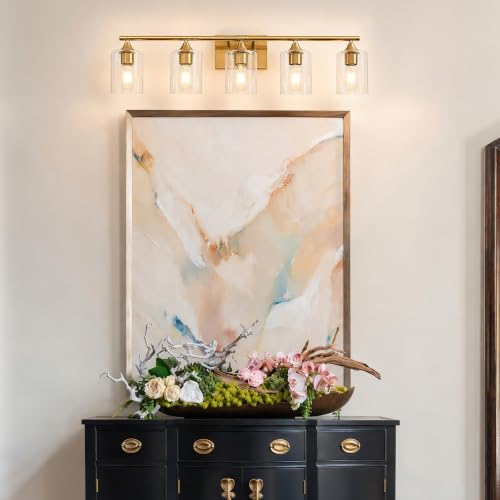 Image of 5 Light Bathroom Vanity Light Brushed Gold,32 inch Bathroom Light Fixtures,Gold Wall Sconces for Living Room Bedroom,E26 Base